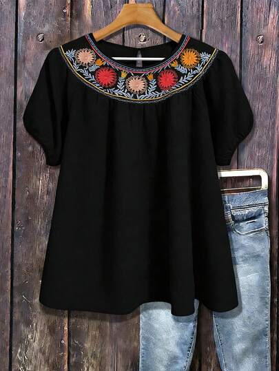Linhara Blusa holgada de manga dolman con bordado floral casual de color albaricoque para mujer de talla grande