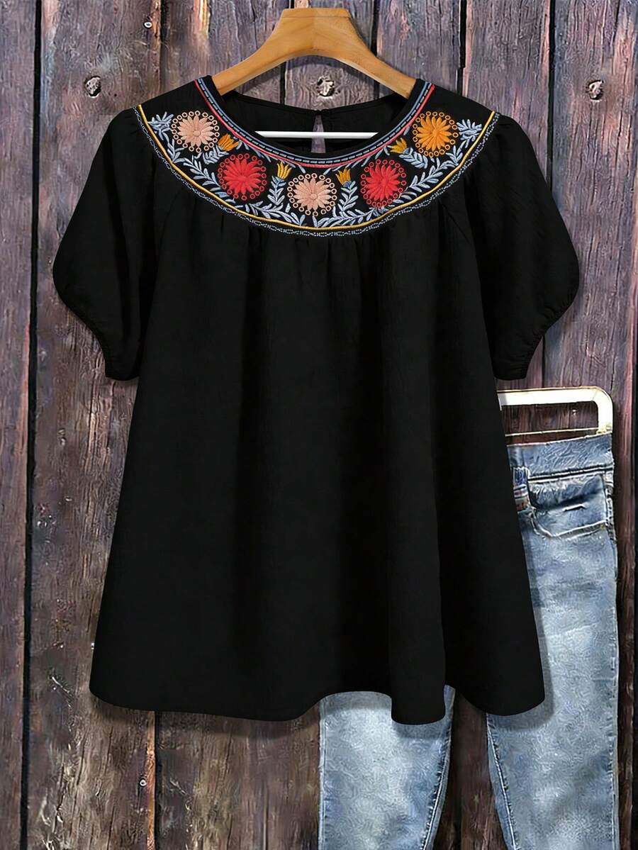 Linhara Blusa holgada de manga dolman con bordado floral casual de color albaricoque para mujer de talla grande - Negro - Ver 1