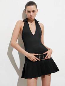 Aveloria Modichic Women Chic Black Summer Sleeveless Halter Dress,Deep V-Neck Lapel Tight Fit Short Pleated Skirt With Belt,Club Sporty Fashionable Versatile Mini Dress - Black - View 5