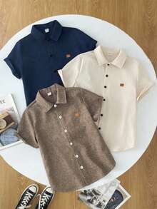 SHEIN 3pcs/Set Teens Boys Loose Casual Versatile Stand Collar Patch Woven Short Sleeve Shirt, Suitable For School, Gathering, Party, Travel, Casual, College Style, Comfortable, Fashionable, Practical, Soft Fabric, Suitable For Daily Wear, School, Travel, Outdoor Sports, Music Festivals, Holidays, Beach Vacation, Summer Atmosphere, Festivals, Spring/Summer Boys Plain Shirts Boys Linen Shirt Boys Knit Shirt Boy Collared Shirt Teen Plain Shirts - Multicolor - View 2