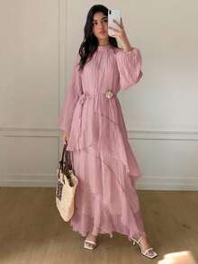 Solavon Nuevo vestido de playa con volantes y lazada en la cintura, con flujo y favorecedora, ideal para vacaciones - Rosa - Ver 6