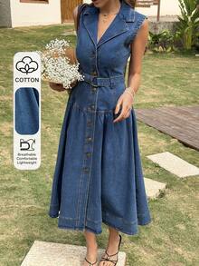 Livesso Holiday Outfit Easter Vacation Summer Cotton Lapel Waist Cinched Solid Color Sleeveless Women Denim Dress - Blue - View 1