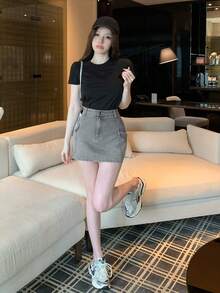 FRIFUL Chân váy denim ngắn nữ kiểu dáng thường ngày, đa năng, có túi tiện dụng. - Xám - Xem 3