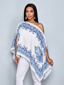SOLERSUN Khăn choàng lệch vai dành cho nữ, vạt không đối xứng, họa tiết Paisley, phong cách đảo, thích hợp cho lễ hội âm nhạc, áo sơ mi mùa xuân/hè. - Màu xanh lam - Xem 3