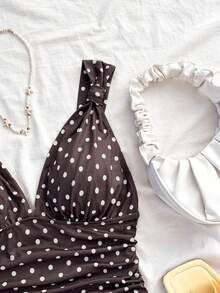 SHEIN Tall CURVE 大码褶皱波点吊带背心，时尚西部风格，春夏款 - 棕色 - 查看 3