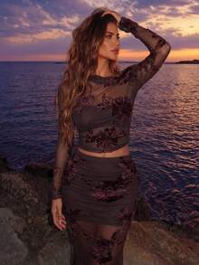 SHEIN Allurite 女士提花网纱不对称肩部长袖上衣和修身中长裙两件套 - 棕色 - 查看 2