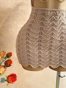 SHEIN WYWH 新款前卫性感镂空腰链装饰金属露背系带紧身毛衣连衣裙，波西米亚风，度假风，复古风，假日风，海滩风，邮轮风 - 卡其色 - 查看 6