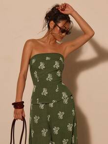 COSMINA Women's Elegant Casual Embroidered & Printed Bandeau Top And Pants Set - Green - View 5