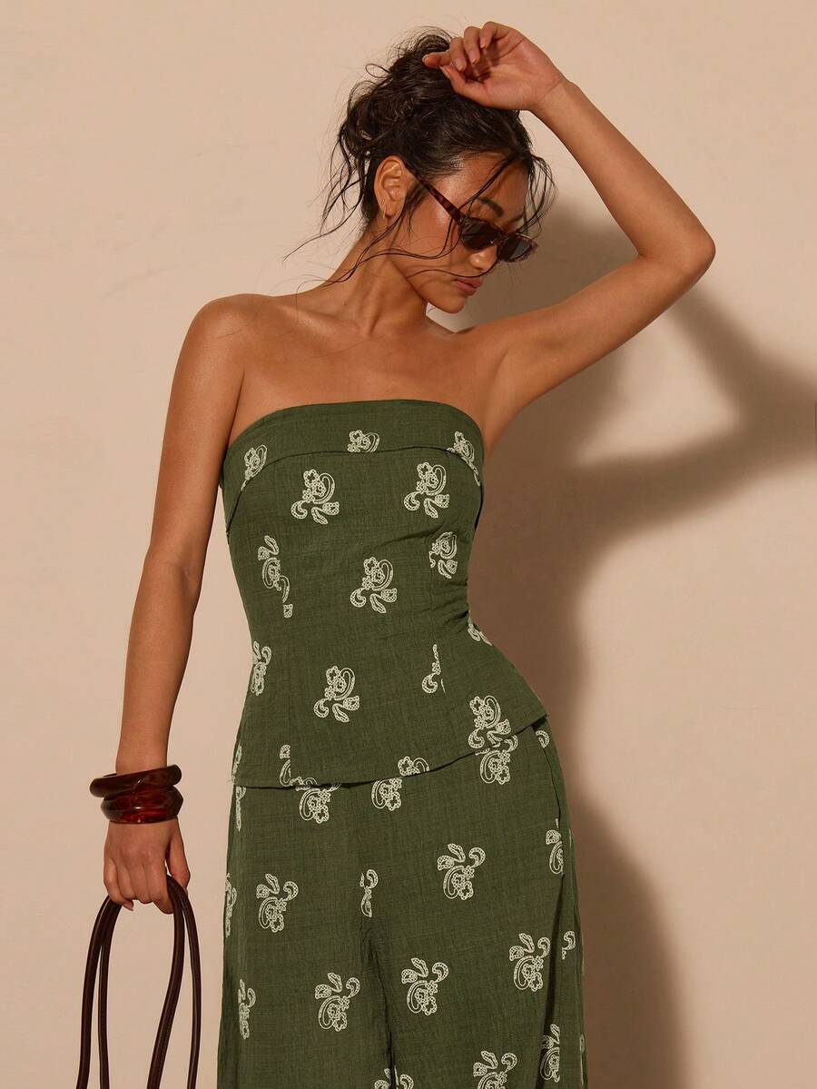 COSMINA 女士优雅休闲刺绣印花抹胸上衣和裤子套装 - 綠色 - 查看 1