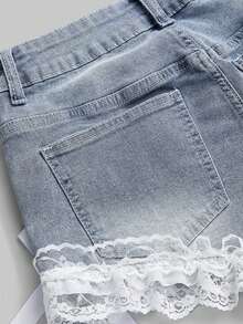 ROMWE Grunge Punk 性感低腰十字架吊坠蕾丝蝴蝶结可爱街头风深蓝/黑色超低腰牛仔短裤，适合夏季海滩、毕业典礼、复活节、音乐会、纳什维尔度假等场合。 - 藍色 - 查看 4