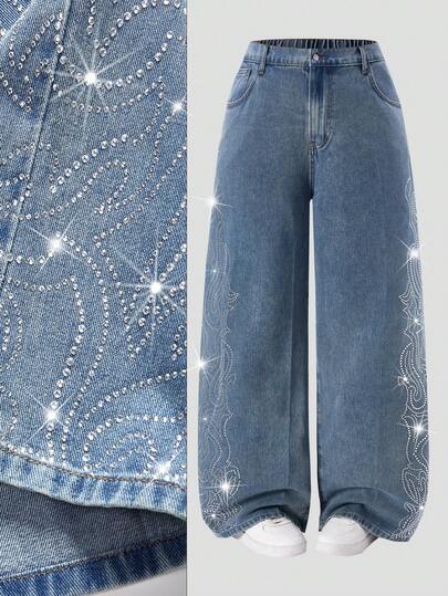 SHEIN MOD 大码 Y2K 宽松牛仔裤，街头风性感蓝色牛仔阔腿裤，阔腿裤，返校季服装，教师裤，秋季服装，女士牛仔裤，灰色牛仔裤，直筒牛仔裤，宽松牛仔裤，休闲女装，阔腿裤