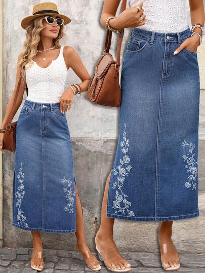 Brillora 女士休闲水洗碎花侧开衩牛仔迷你裙，夏季女装，春季女装，复活节女装，节日女装，海滩女装，毕业季半裙，休闲女装，度假女装，夏季假日女装，乡村音乐会女装，蓝色半裙