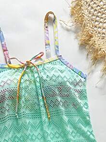 Swim Lushoire Bộ bikini tankini mới về mùa Xuân/Hè với họa tiết chắp vá khoét rỗng, gồm váy và quần, áo hai dây. - Nhiều màu - Xem 3