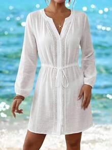 Swim Lushoire 女士夏季沙滩圆领前开襟长袖拼接镂空蕾丝抽绳腰带度假休闲和服连衣裙 - 白色 - 查看 8