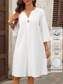 EMERY ROSE Đầm nữ màu trơn cổ chữ V cài cúc, tay lỡ 3/4, dáng dài ngang gối, kiểu dáng thường ngày. - Xanh và trắng - Xem 5