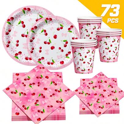 粉色蝴蝶结樱桃图案一次性餐盘、餐巾纸、纸杯，一次性派对用品套装，适合16位客人，适用于生日、婚礼、主题派对、家庭野餐等场合，一次性餐盘，派对餐具