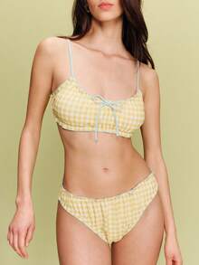 lacRébo Conjunto de bikini con textura de cuadros amarillo y Top de bikini tipo bralette con volantes en el bajo en color azul cielo con costuras fruncidas - Amarillo - Ver 4