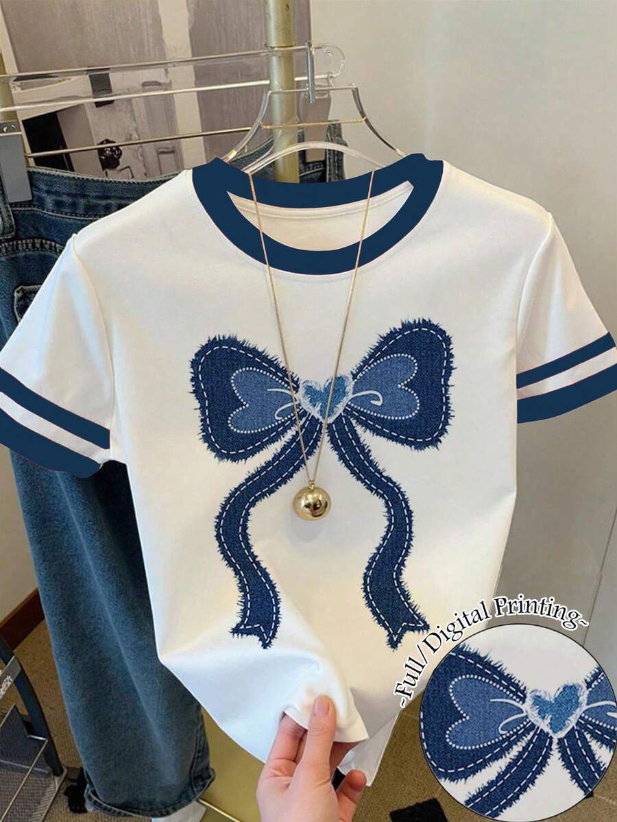 少女纹理蝴蝶结印花宽松休闲撞色条纹圆领T恤，适合夏季、日常穿着、返校季、姐妹装、度假、情人节等场合。 - 彩色 - 查看 1