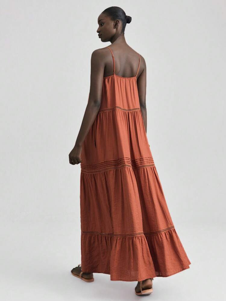 2026SS New Women's Long Dress, Summer Vacation Oblique Pocket Ruffle Hem Loose Strap Elegant Dress, Beach Dress, Daily Dress, Women's Summer Dress, Elegant Dress, Women's Casual Dress, Women's Extra Long Dress, Vacation Dress, Wedding Event Dress