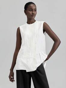 Ontre 2025新款奶油黄无袖亚麻混纺不对称宽松休闲衬衫，舒适OL通勤装，高品质机场时尚 - 杏色 - 查看 3