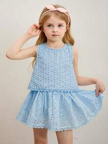 Emery Rose Kids Emery Rose Kids 少女编织刺绣纯色圆领不对称蕾丝下摆休闲上衣和迷你裙两件套，可爱、优雅、甜美、复古又时尚。适合妈妈、女儿、姐妹搭配，度假、节日、上学、日常穿着、居家聚会和特殊场合，春夏皆宜。 - 淺藍色 - 查看 2