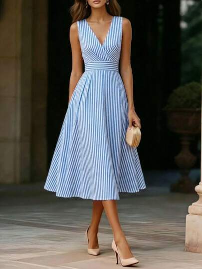 SHEIN PETITE Đầm xòe không tay, eo chun, phối màu tương phản, kiểu dáng mới mùa xuân/hè dành cho nữ.