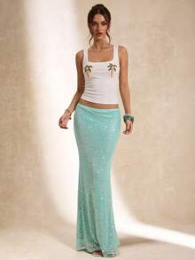 SHEIN BAE Women's Blue Sequin Sheer Vacation Skirt - Blue - View 5