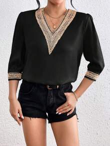 SHEIN LUNE V-Neck Floral Trim Satin Blouse - Black - View 1