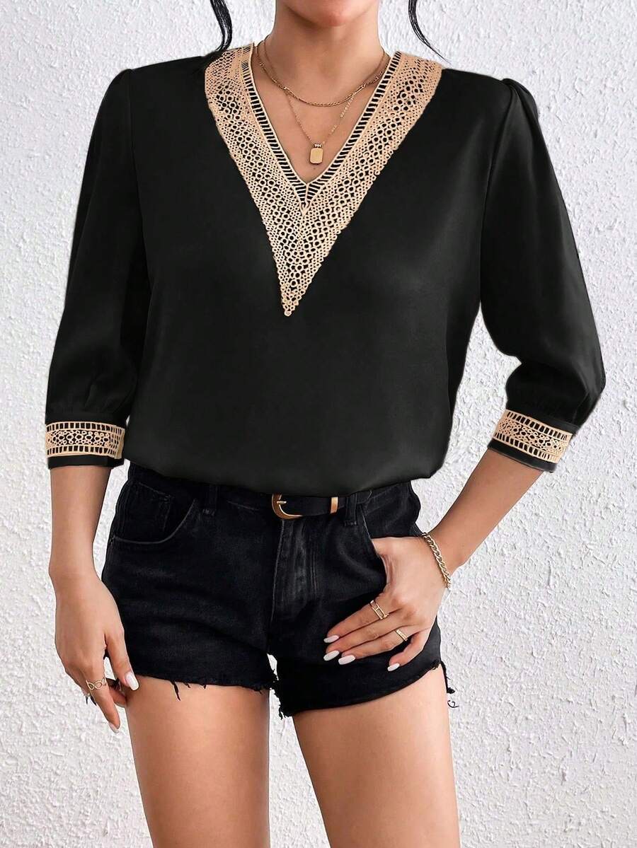 SHEIN LUNE V-Neck Floral Trim Satin Blouse - Black - View 1