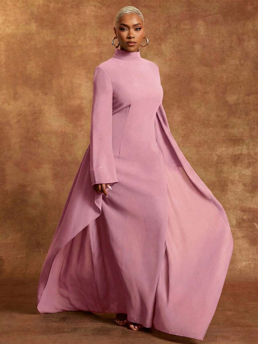 Vixey Đầm maxi dài tay cánh dơi cổ cao bằng vải chiffon màu nâu - Bụi hồng - Xem 1