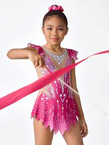 女童无袖紧身体操服，无袖印花紧身体操服，舒适亲肤，紧身设计防止走光，艺术体操运动服，学校舞蹈比赛服，四季皆宜，玫瑰红，鲜艳图案 - 玫紅色 - 查看 6