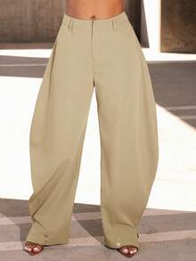 Vixey High Waisted Barrel Office Pants With Gold Button Cuffs - Khaki - View 3