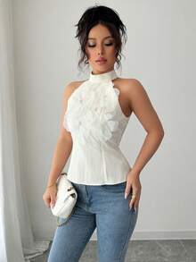 Rafferiza Áo cánh không tay cổ bẻ họa tiết hoa 3D thanh lịch dành cho nữ - Màu be - Xem 3