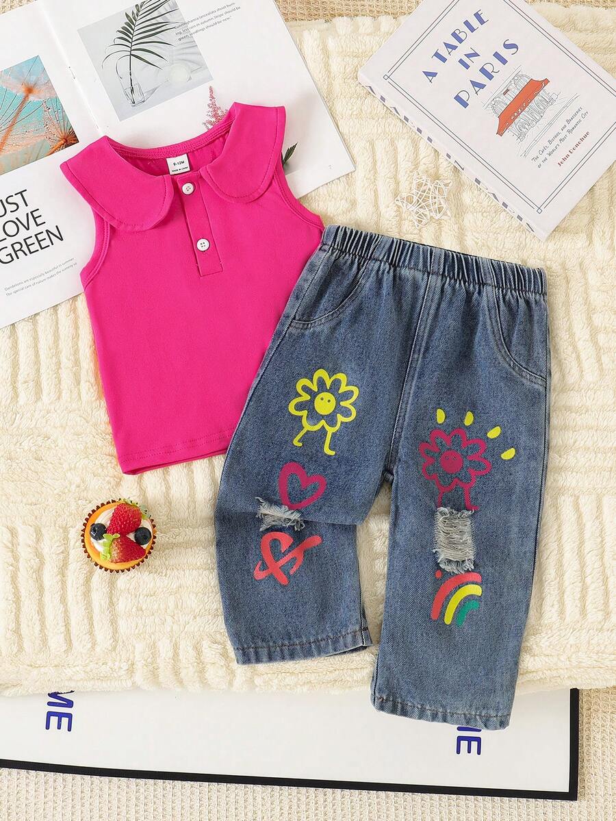 SHEIN Baby Girls' Collar Cardigan Top And Printed Ripped Pants Set - Hot Pink - View 1