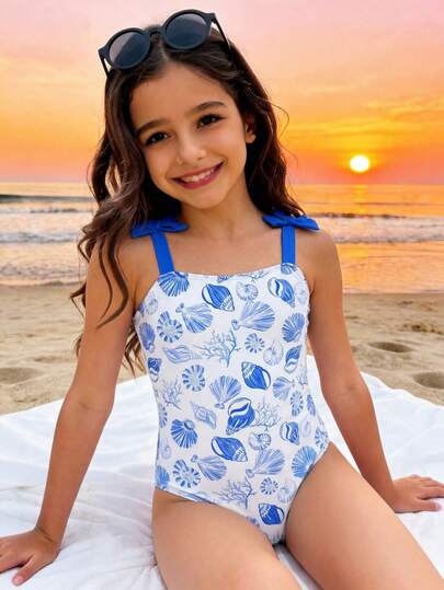 少女贝壳印花连体泳衣，适合海滩度假、泳池派对、沙滩派对