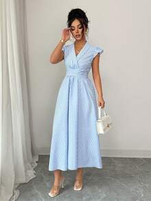 Elenzga 女士优雅畅销蓝白条纹交叉翻领腰带设计短袖休闲连衣裙 - 藍白色 - 查看 4