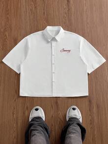 Manfinity Unisex Men's Short Sleeve Front Button Letter Print Casual Shirt, Summer - White - View 2