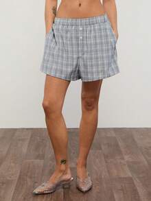 COUREZ Blue And White Check Mini Boxer Shorts With Elasticated Waist, Summer Casual Back-To-School Y2K For Women Festival Concert - Blue - View 2