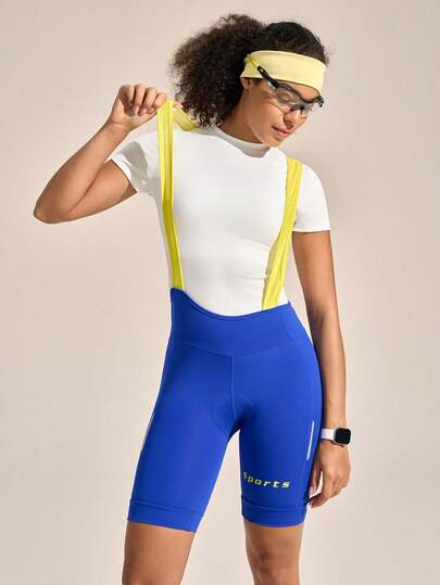 Exploreva Quần short đạp xe dài ôm sát, kiểu dáng thể thao thường ngày dành cho nữ, in chữ, phối màu tương phản.