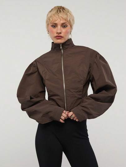 COUREZ Áo khoác thể thao tay phồng có khóa kéo / Trang phục mùa hè phong cách Y2K cho nữ, Trang phục mùa hè, Áo khoác màu nâu, Áo khoác dáng rộng, Trang phục đi chơi, Trang phục đi xem hòa nhạc, Trang phục mùa xuân cho nữ