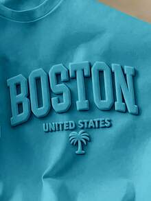 Manfinity Joysei Camiseta de manga corta ajustada con cuello redondo y estampado de letras para hombres, color azul lago - Agua verde azul - Ver 2