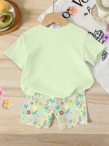 Elladie kids Bộ đồ thường ngày ngọt ngào dễ thương cho bé gái, áo thun tay ngắn màu xanh bạc hà, áo phông in hình công chúa mộng mơ và quần short họa tiết bướm, hươu, hoa đáng yêu, trang phục mùa hè. - Nhiều màu - Xem 2