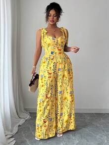 Elenzga Plus Size Women's Spaghetti Strap Backless Design + High Waist Wide Leg Pants 2 Pieces Set - Yellow - View 5