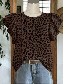 Selamara Women's New Arrival Spring/Summer Bestselling Leopard Print Round Neck Double Layer Ruffle Sleeve T-Shirt - Multicolor - View 4
