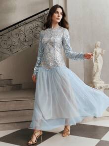 Anewsta Elegant Silver Floral Mesh Sequin Long Sleeve Dress, Suitable For Formal Events And Dates - Silver - View 5