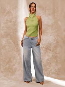 SHEIN BAE Apricot Color Draped Neck Backless Women's Tank Top, Sexy & Elegant Camisole For Spring/Summer - Olive Green - View 3
