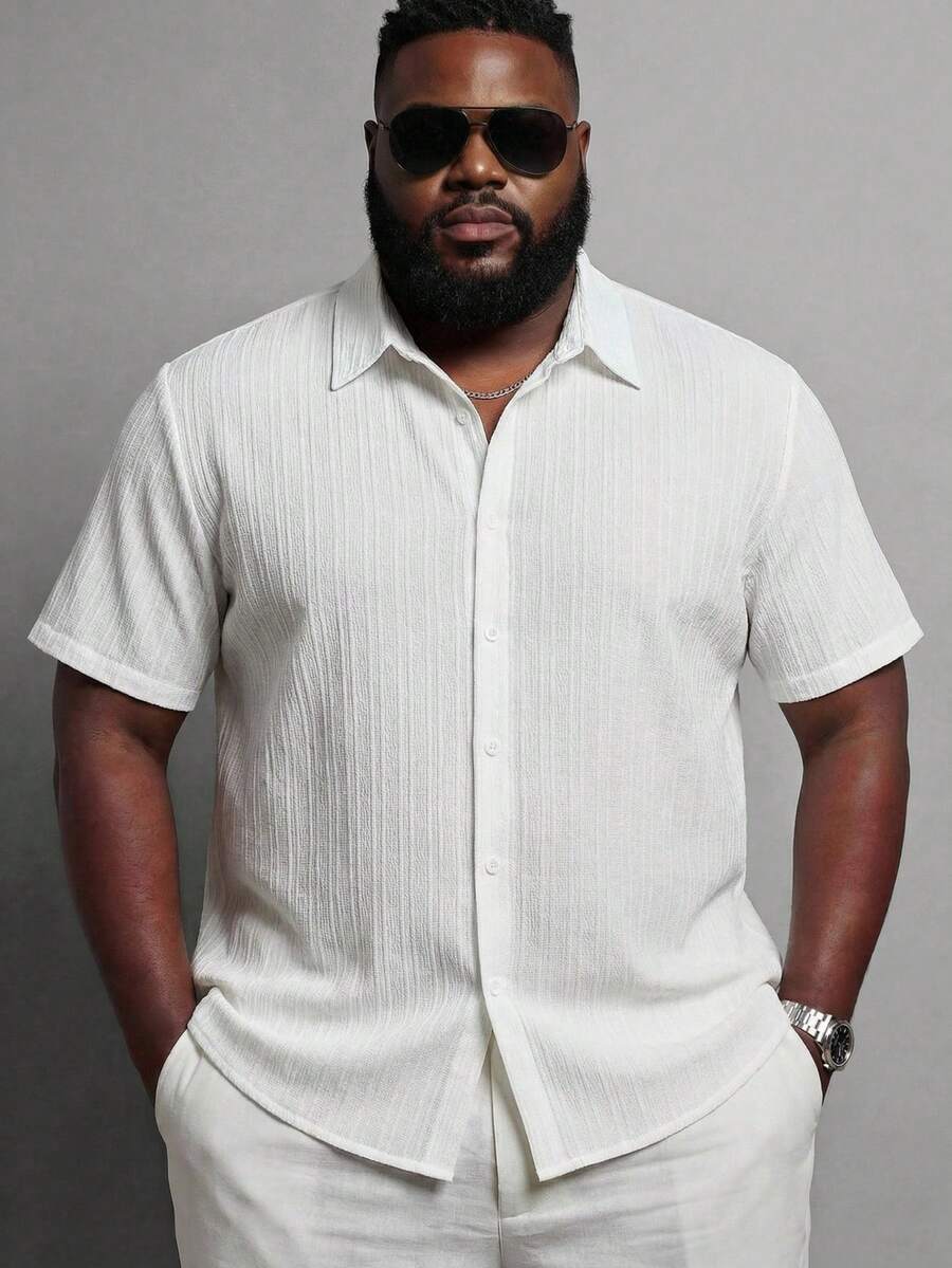 KRYTIVO Plus Size Men's Solid Color Short Sleeve Single-Breasted Casual Loose Shirt - White - View 1