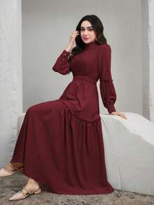 Graceveil Women's Solid Color Stand Collar Raglan Sleeve Ruffle Hem Elegant Dress - Burgundy - View 8