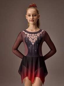 SHEIN Tween Girls Long Sleeve Gradient Color Gymnastics Leotard, Soft Stretchy Mesh Skirt, Suitable For Figure Skating Performance And Training, Comfortable To Wear - Black - View 4