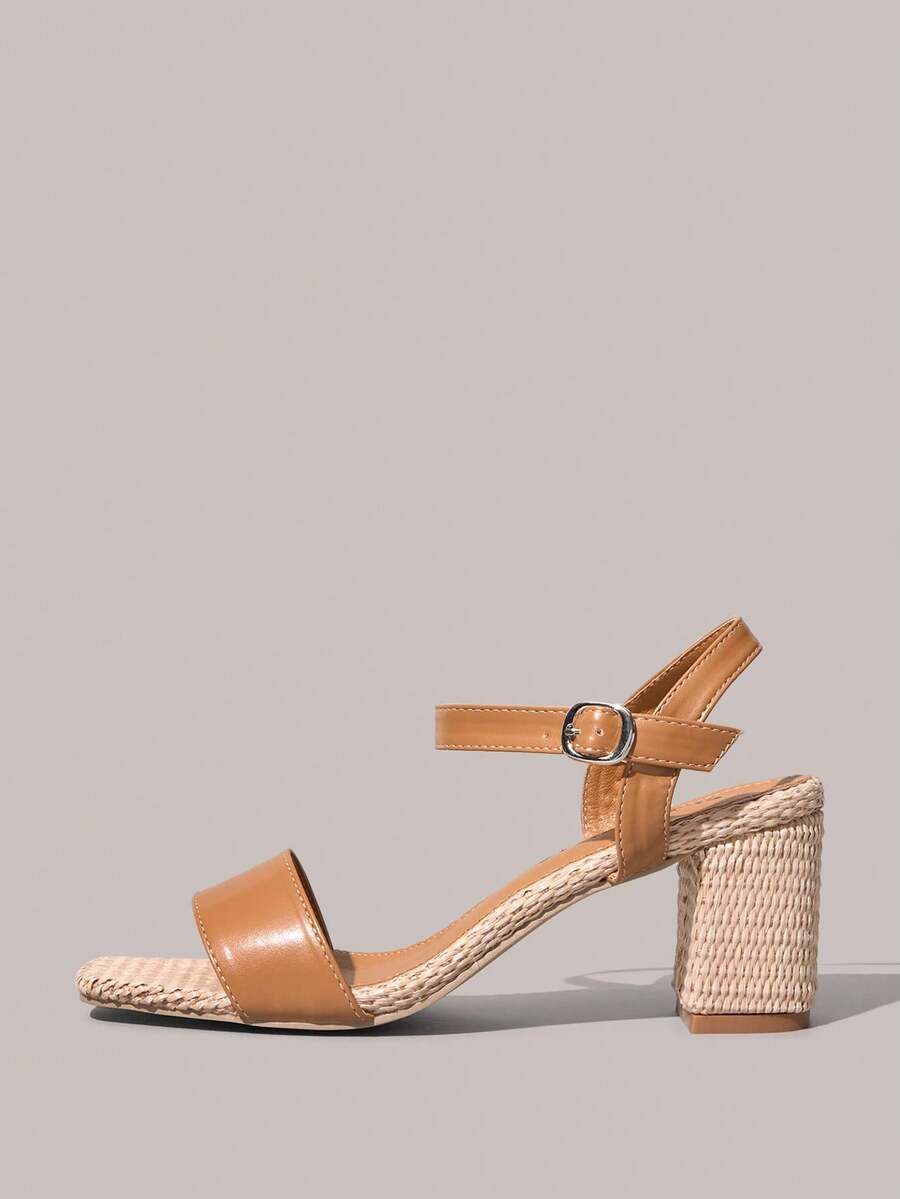 Styleloop 女士方头粗跟浅棕色踝带编织凉鞋，户外简约透气舒适波西米亚西部风音乐节假日风格女式凉鞋 - 淺棕色 - 查看 1